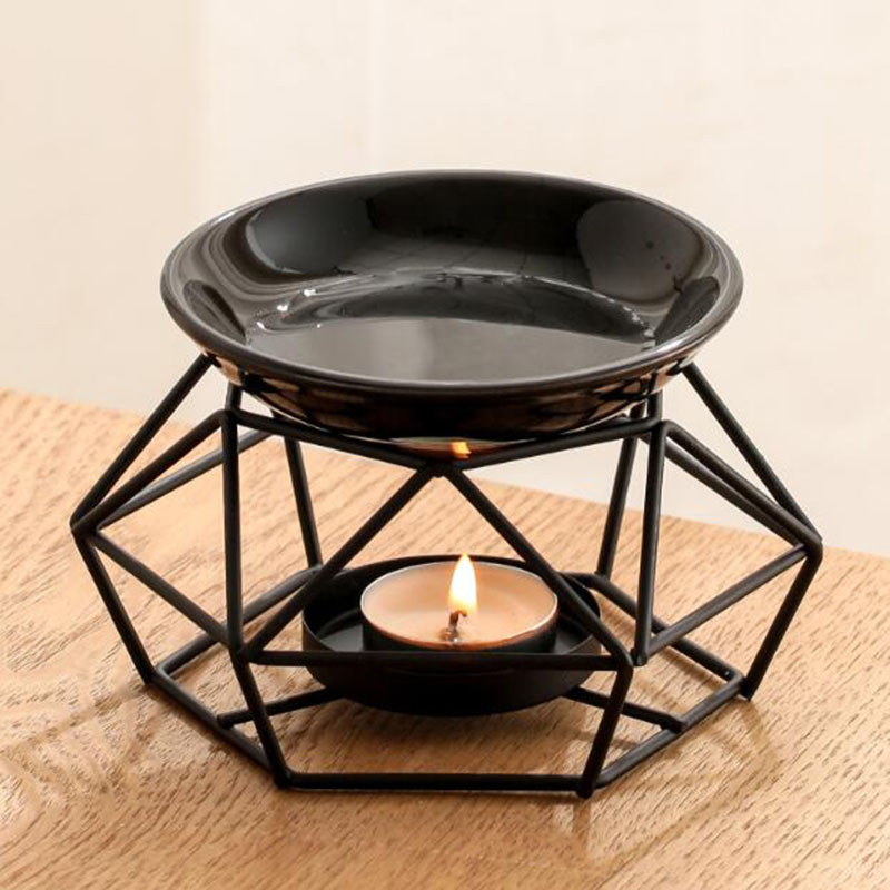 Home Fragrance Oil Burner - ชามเซรามิคชั้นวางเหล็กสีดํารูปหลายเหลี่ยมน้ํามันหอมระเหย Burner เชิงเทียนโคมไฟน้ํามันกลิ่นหอม Censer ห้องนอน Home
